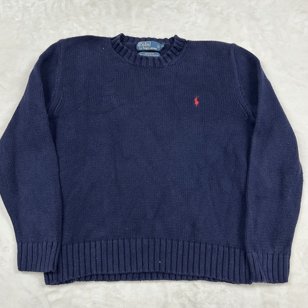 Polo Ralph Lauren Sweater Mens XL Navy Blue Cotton Knit Crew Neck Red Pony Logo
